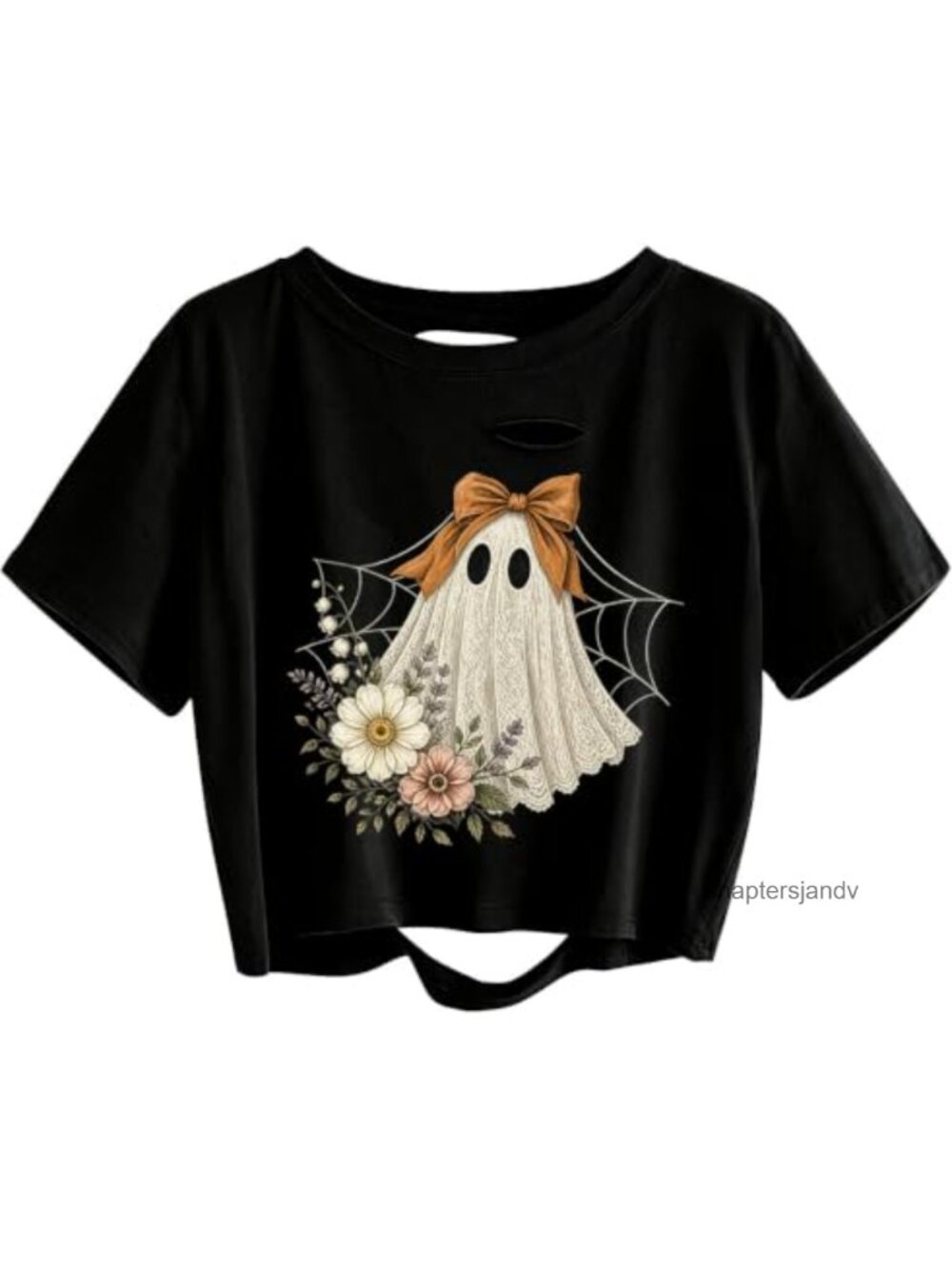 Womens Halloween Ghost Pumpkin Graphic Crop T-Shirt Cotton Blend Short Sleeve